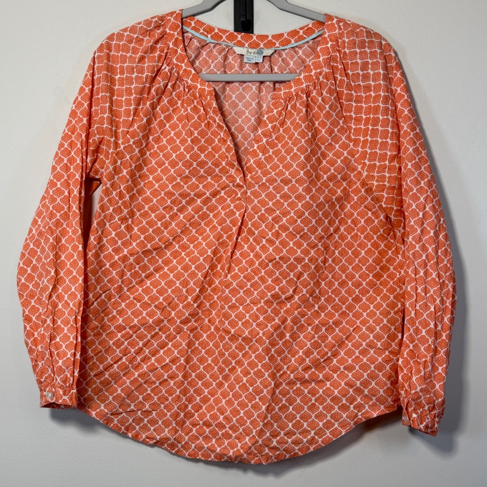 Boden Geometric Print Blouse Womens 6 Orange White Cotton Coastal Bright Spring